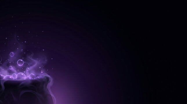 Magical purple cauldron bubbling with glowing potion smoke and sparks on dark background