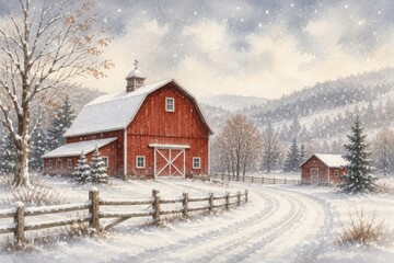 Obraz premium Red barn and winding lane within peaceful snowy countryside