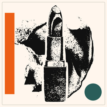"Grunge lipstick bullet in distressed halftone ink with a smudged smear behind. This vintage lip war paint, lippy sits beside bold orange and teal shapes for a retro look."