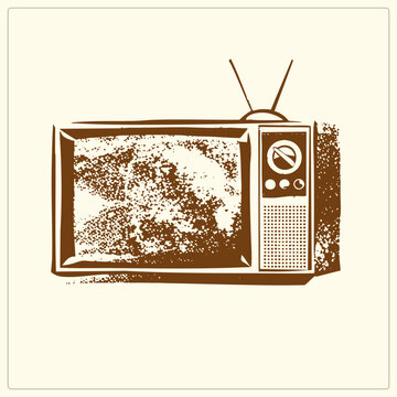 Retro set rendered in grunge stencil style, static filled screen and dial panel. The old boob tube, or gogglebox, shows rabbit ears antenna and speaker grille in warm sepia brown.
