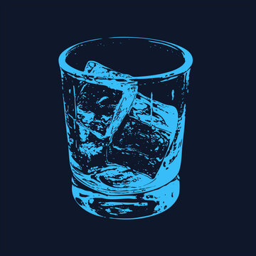 "A rocks glass with ice cubes in bold two tone screen print style. This old fashioned tumbler also called a lowball or whisky glass features textured ink detail ideal for bar decor and drink branding.