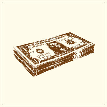 Thick stack of greenbacks like a money brick, rendered in distressed vintage ink. The banknote pile shows Washingtons portrait in rough sepia, evoking old printmaking and retro currency ar