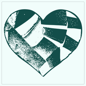 Grungy heart symbol carved like a linocut or woodblock print, showing patchwork quilt texture in deep teal green. This rustic sweetheart design evokes handmade folk craft and vintage stamp printing.