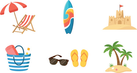 Fototapeta premium Summer beach vacation vector icons pack featuring surfboard deckchair sandcastle and palm trees isolated on white background