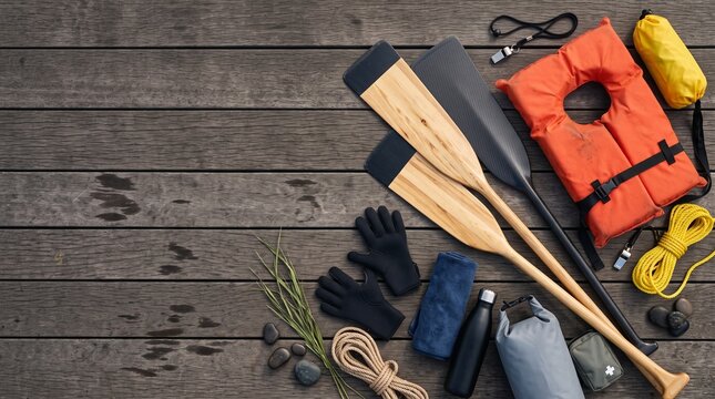 Flat lay of dragon boat paddling gear including paddles, life vest, gloves, rope, whistle, and water bottle on wooden deck