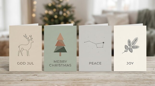 Minimalist Christmas greeting cards on wooden table with holiday decor