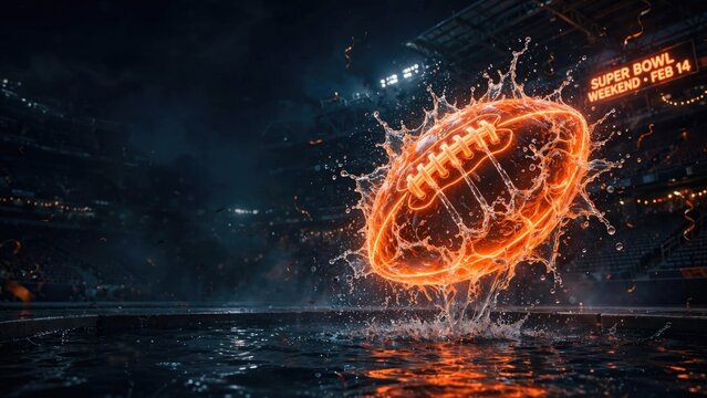 Glowing American Football with Energy Sparks and Water Splash
