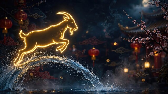 Glowing Antelope Leaping Over Water at Night