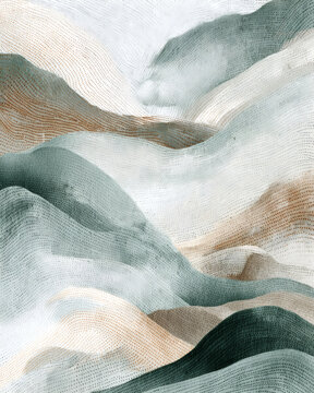 Abstract layered waves of green, teal, cream, and beige woven fabric create a soft organic texture for modern backgrounds, wallpaper, and decorative design.
