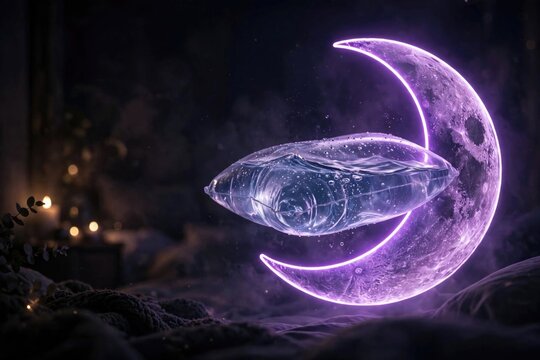 Glowing Crescent Moon with Floating Cosmic Orb in Deep Space