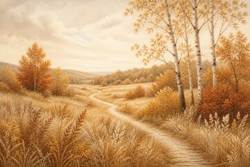 Obraz premium Golden autumn meadow landscape with winding path and birch trees