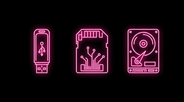 USB Drive Memory Card and Hard Drive Pink Neon Line Icons on Pure Solid Black Background