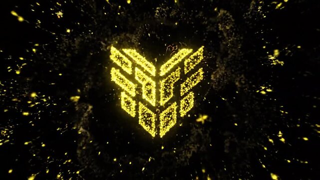Golden Energy Particles Explode and Form Geometric Logo Reveal on Black Background