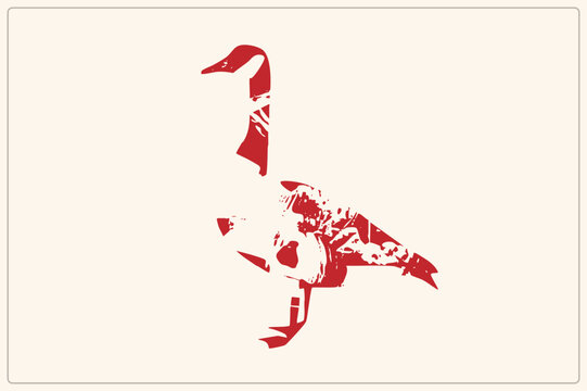 Weathered crimson honker rendered as a rough stencil cutout, this grunge waterfowl graphic shows a long necked goose in distressed red tones, perfect for rustic bird themed design projects.