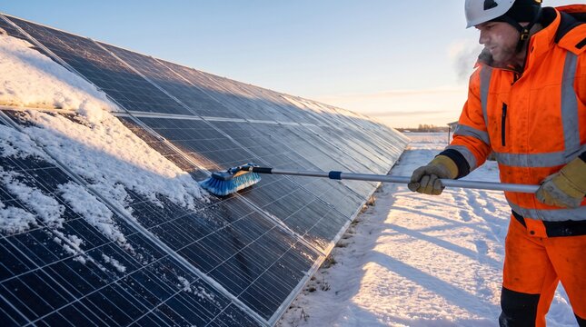 Maintenance worker cleaning snow off solar panel array at photovoltaic power station during winter season