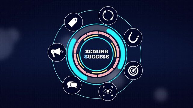 Achieving scaling success and enterprise growth, a modern technological control panel displaying corporate strategy and digital marketing management icons