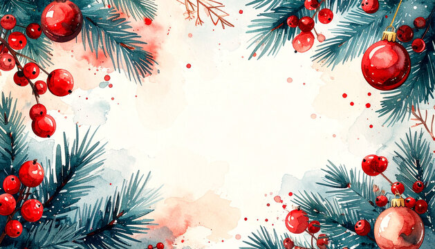 Delicate watercolour fir branches red berries and small baubles with soft washes on white paper generative AI