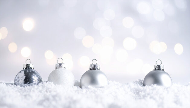 Christmas card with elegant silver white baubles resting in powder snow before silvery bokeh generative AI