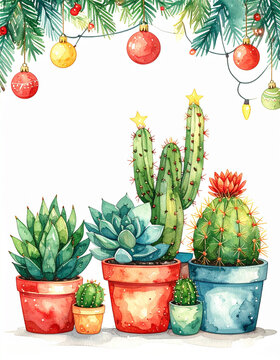 Christmas card with watercolour cacti and succulents in colourful pots decorated with baubles and lights generative AI