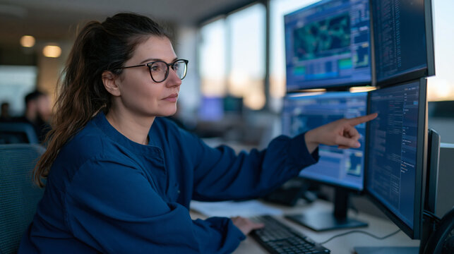 Woman Programmer at Work: A focused female programmer with glasses, wearing a blue sweater, diligently works on her computer, pointing at the screen filled with code.
