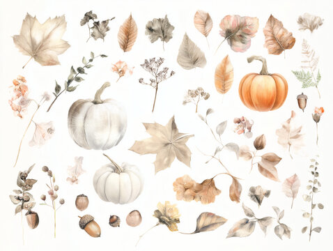Watercolor autumn botanical collection with pumpkins, fall leaves, acorns, berries, and dried grasses arranged on a white background.