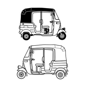 Auto rickshaw tuk tuk side view line art transport drawing