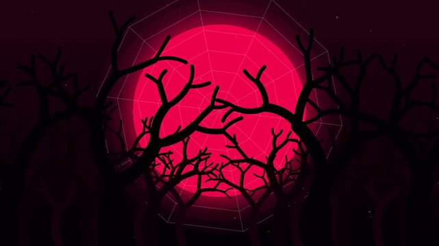 Spider on a Glowing Red Moon Web in a Spooky Forest for Halloween Night