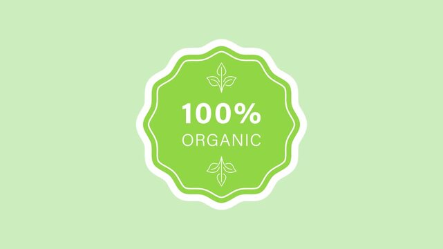 Organic product labeling sticker animation with a green badge with wavy border 100 on a transparent background. Organic certification label. Seamless animated icon. 4K video overlay isolated element.