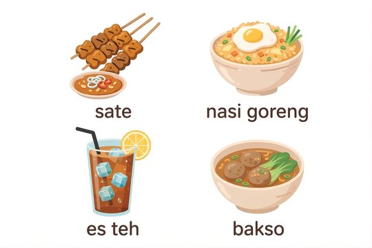 fast food iconsIndonesian street food icons sate nasi goreng bakso iced tea set