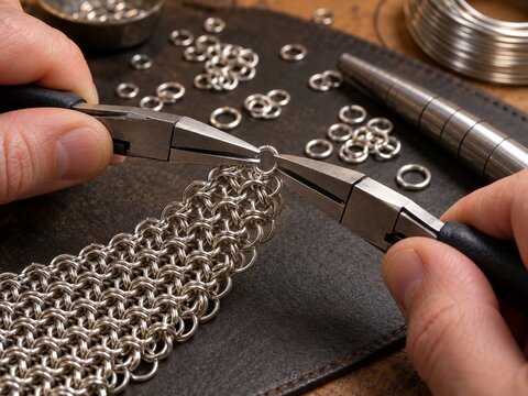 Hands closing a jump ring in a chainmaille weave with pliers