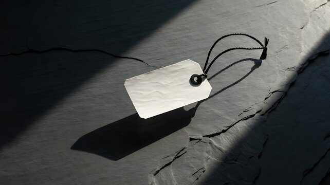 Autumn gift tag with black string casting a shadow on a textured dark surface