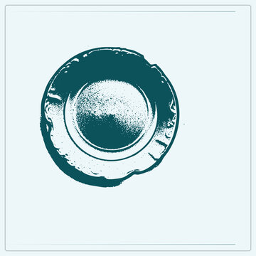 "A worn push button as a rough stencil stamp with speckled vintage ink texture the distressed roundel reads like an overhead view of a dial, thumbpiece, or old fastener."