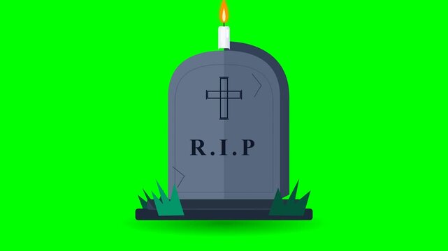 Tombstone with RIP inscription and burning candle on green screen background.