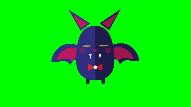 Cute cartoon bat character with big yellow eyes and red bow tie on green screen background.