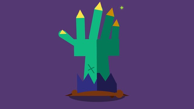 Green zombie hand rising from the ground with a spooky hat.
