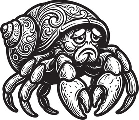 Fototapeta premium Charming Black and White Engraving Style Hermit Crab Illustration - Wild Animal Clipart (Pose 2)