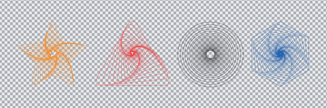 Four spiral geometric shapes in orange red black and blue sit on transparent background