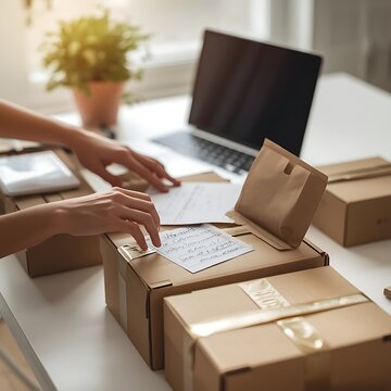 Person Packing Cardboard Boxes for Online Order Shipping