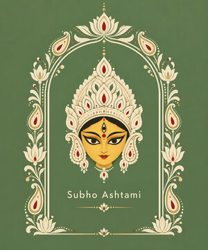 Minimal goddess durga portrait with decorative floral arch and traditional crown celebrating maha ashtami during durga puja and navratri elegant festival background