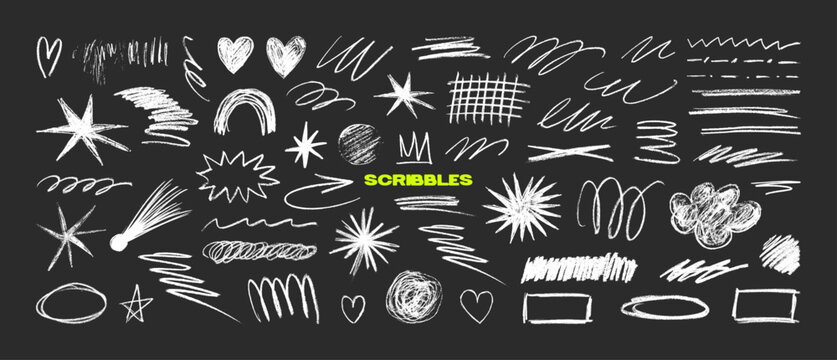 Large chalk scribbles and hand drawn doodles children's style, school drawings. Chalk scribbles set - squiggles, hearts, stars, underlines, grids, arrows, lines, textures for casual design. Vector box