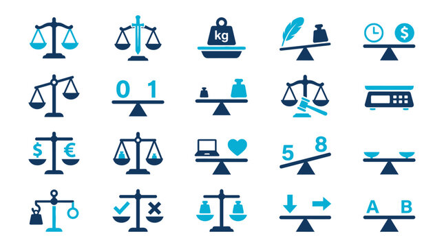 Blue vector scale and balance icons set showcasing law, finance, justice, and weight measurement