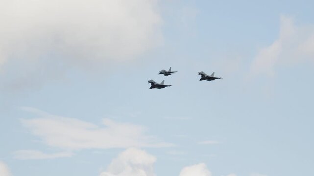 Military fighter jets flying in formation during an airshow
