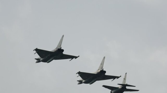 Military fighter jets flying in formation during an airshow