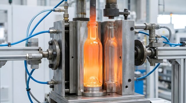 Hot glowing glass bottle held by industrial robotic grippers on automated production line