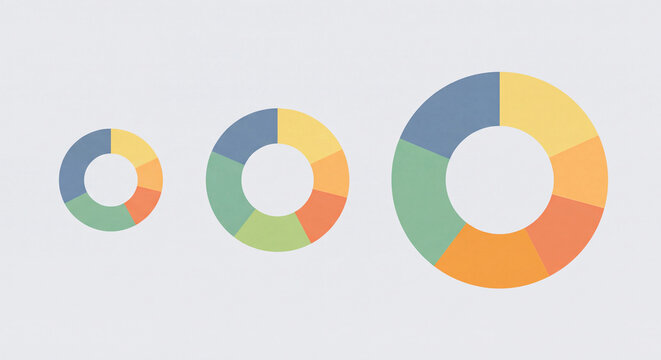 Three flat donut charts growing in size with pastel segments for business data comparison
