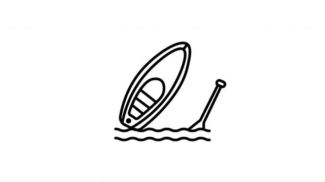 White standup paddleboard black outline icon with paddle water wave design suitable for water sports logo or infographic projects.
