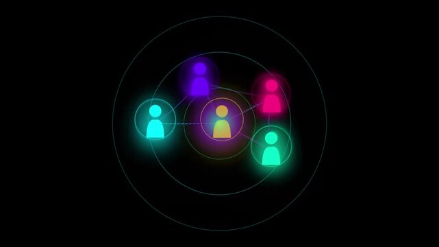 Connected people network icons with glowing neon avatars and communication lines