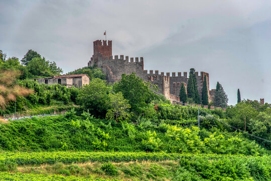 Medieval Castle Walls and Tower with Drawbridge Entrance in Marostica