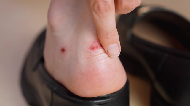 Woman touching painful blisters and calluses on her feet after wearing uncomfortable new black shoes, showing the skin abrasion, foot injury and discomfort from friction on the heel vertical video