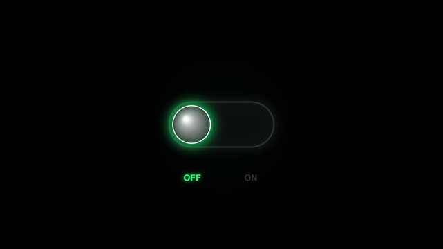 Glowing green toggle switch animation turning on and off, ui ux interface button
